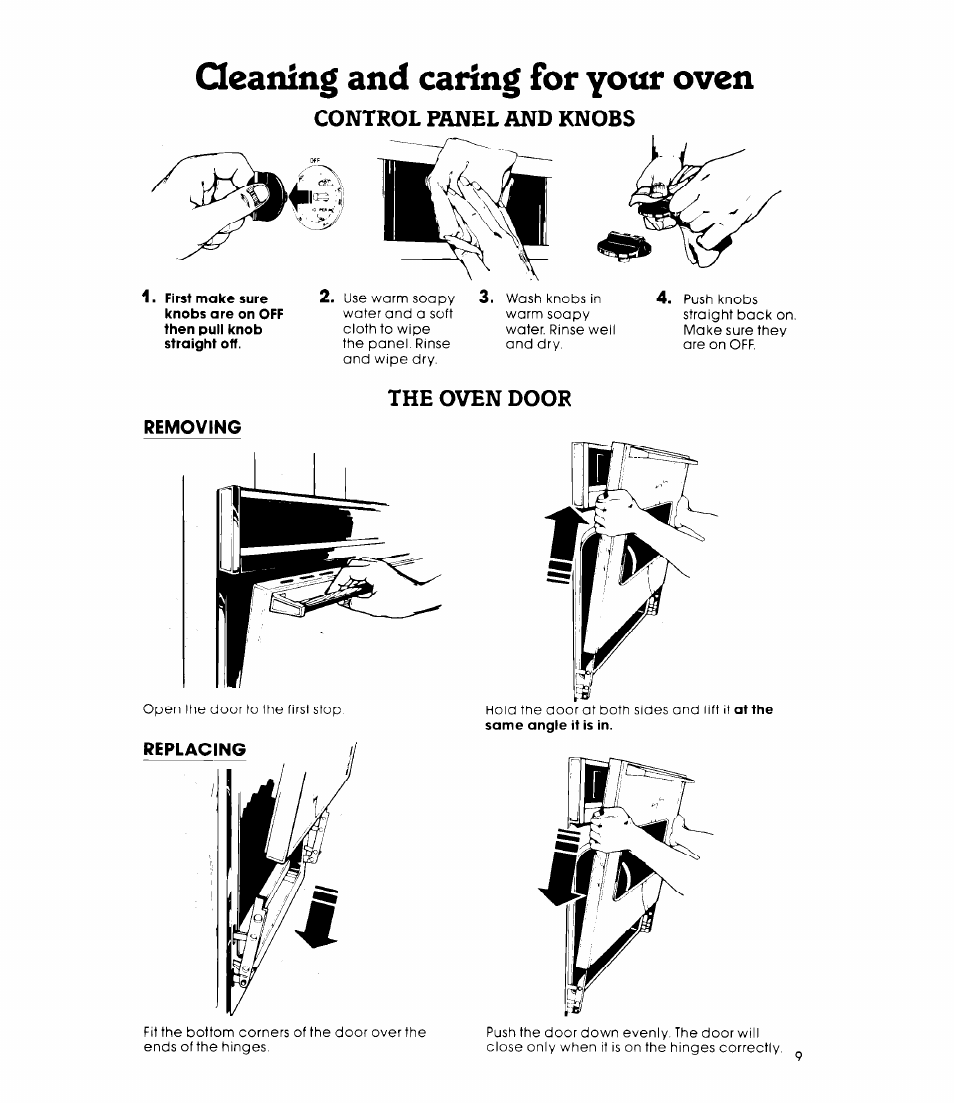 Removing, Replacing, Qeaning and caring for your oven | Control panel and knobs, The oven door | Whirlpool RB220PXK User Manual | Page 9 / 16