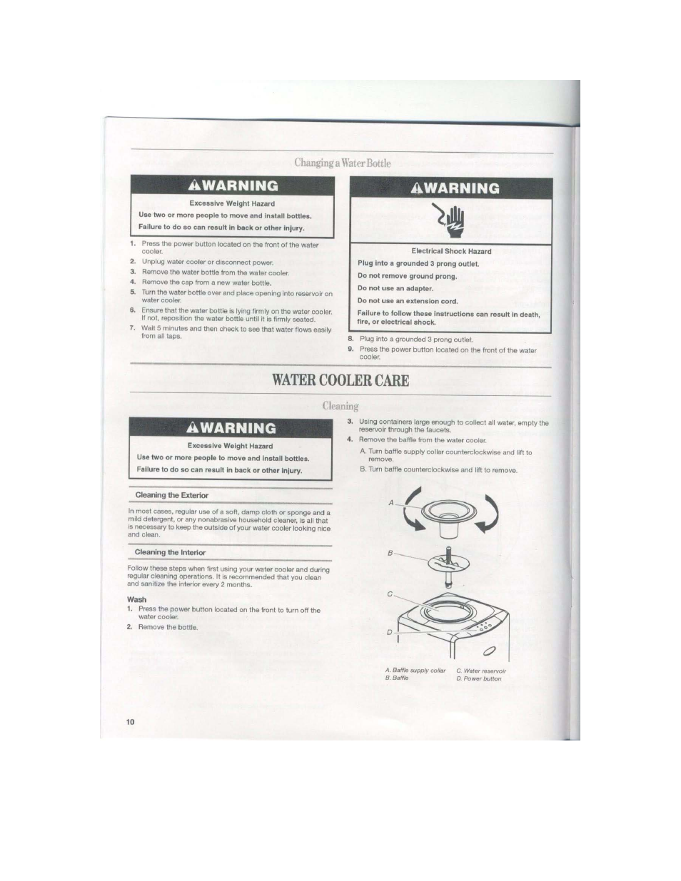 Warning, Awarning, Water cooler care | Whirlpool WHKM-D30 User Manual | Page 10 / 12