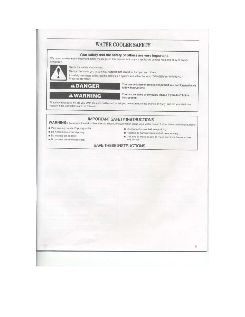 Danger, Warning, Danger ^warning | Water cooler safety | Whirlpool WHKM-D30 User Manual | Page 3 / 12