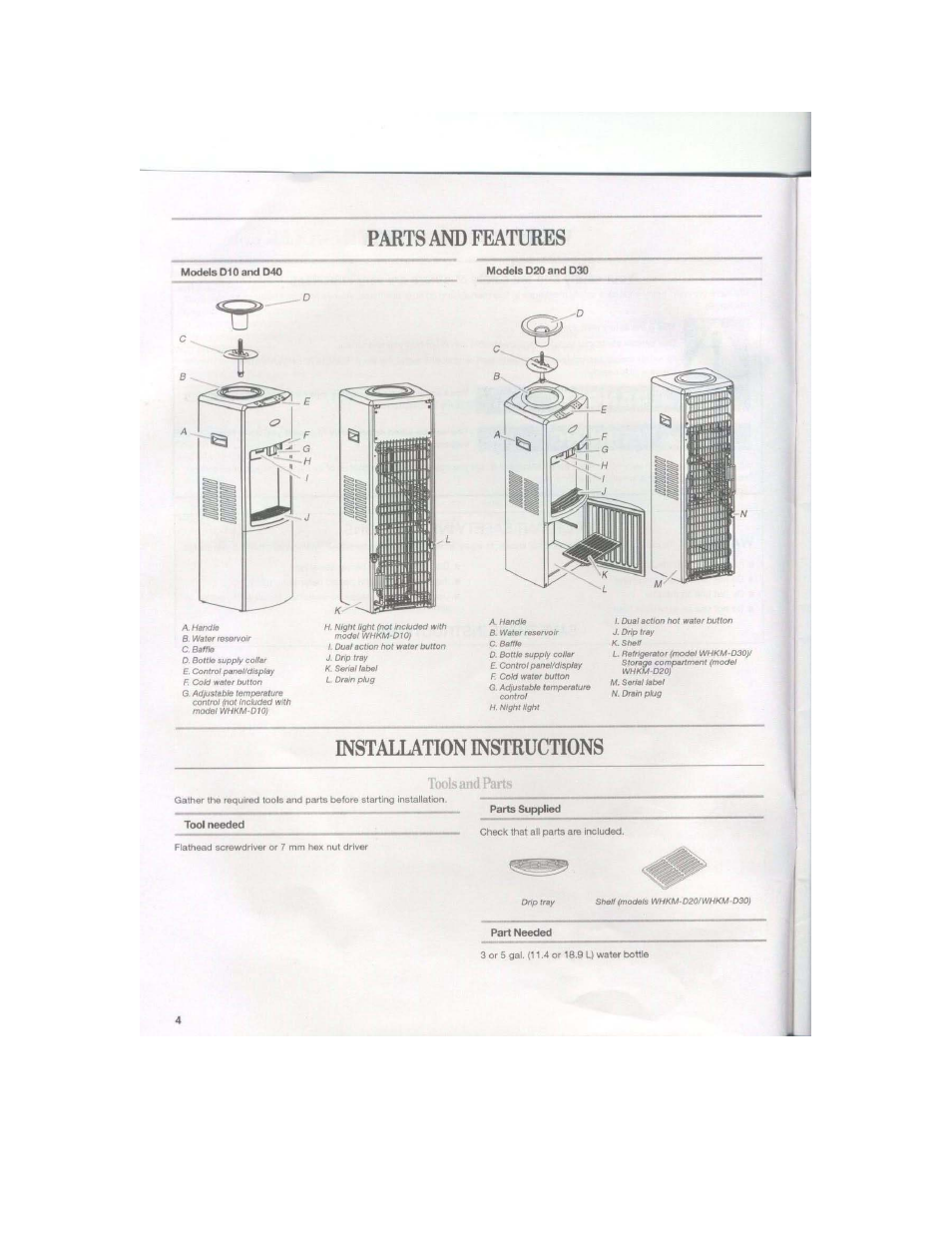 Parts and features, Installation instructions | Whirlpool WHKM-D30 User Manual | Page 4 / 12