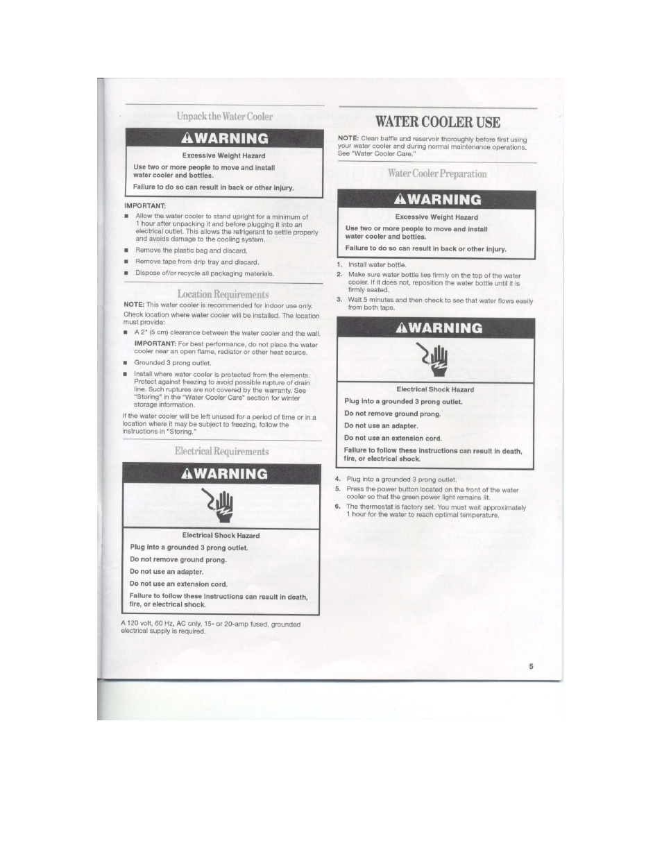 Awarning, Water cooler use | Whirlpool WHKM-D30 User Manual | Page 5 / 12