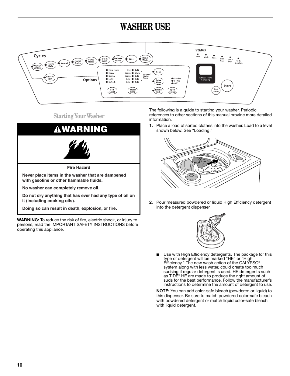 Washer use, Warning, Starting your washer | Whirlpool GVW9959KL0 User Manual | Page 10 / 64