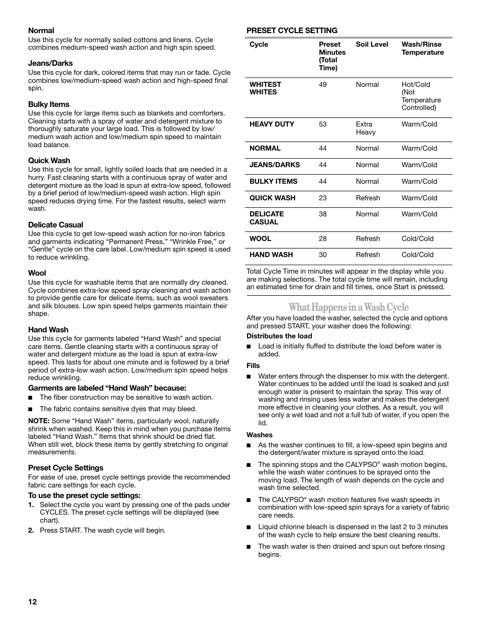 What happens in a wash cycle | Whirlpool GVW9959KL0 User Manual | Page 12 / 64
