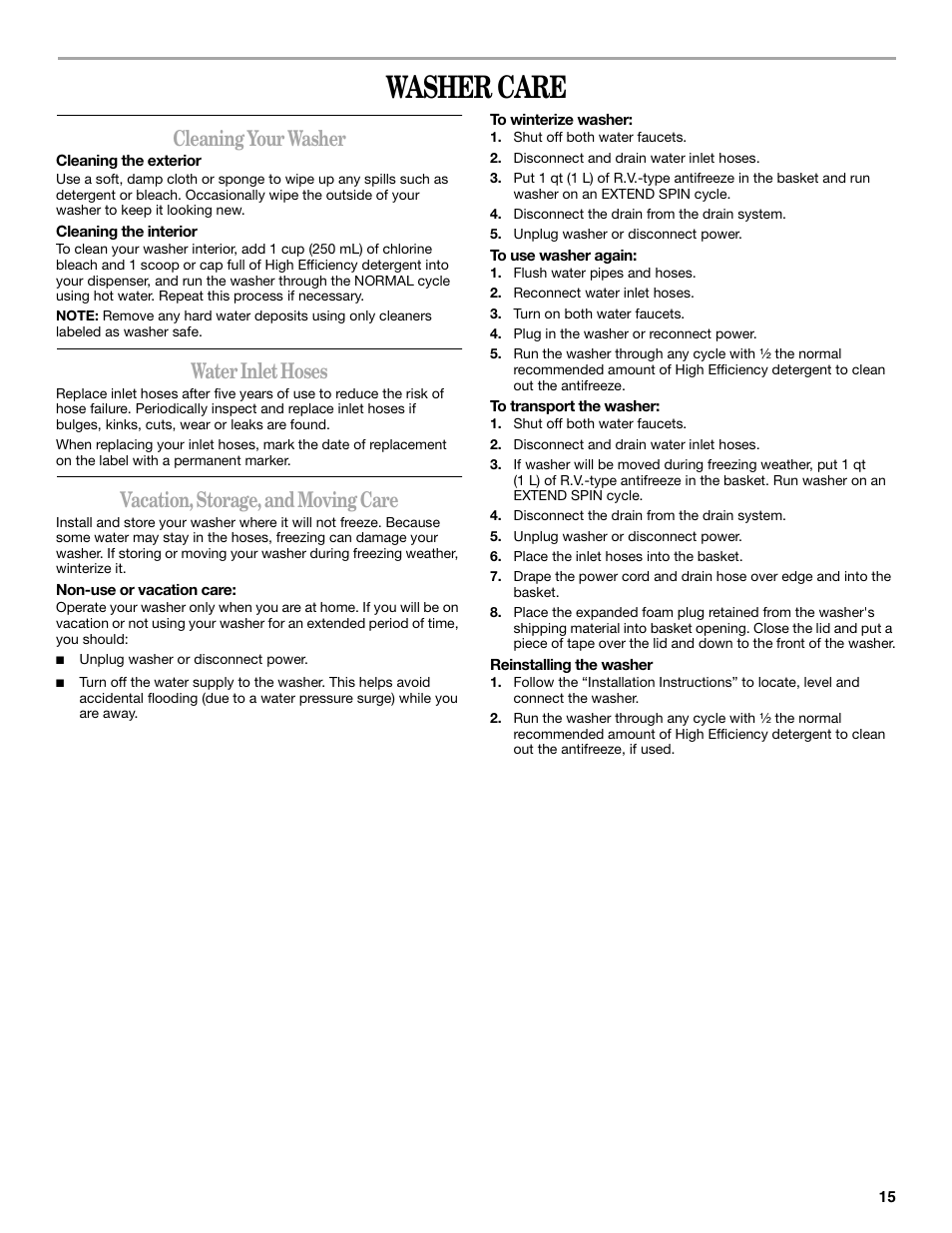 Washer care, Cleaning your washer, Water inlet hoses | Vacation, storage, and moving care | Whirlpool GVW9959KL0 User Manual | Page 15 / 64