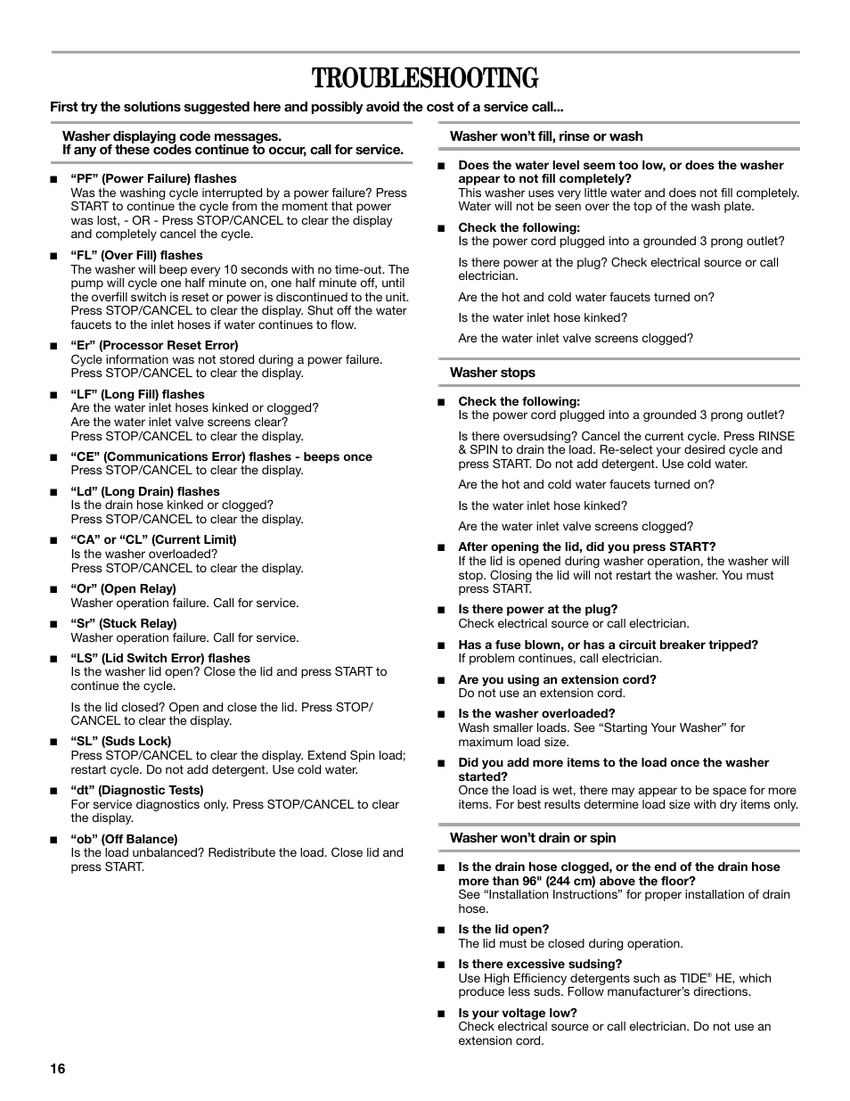 Troubleshooting | Whirlpool GVW9959KL0 User Manual | Page 16 / 64