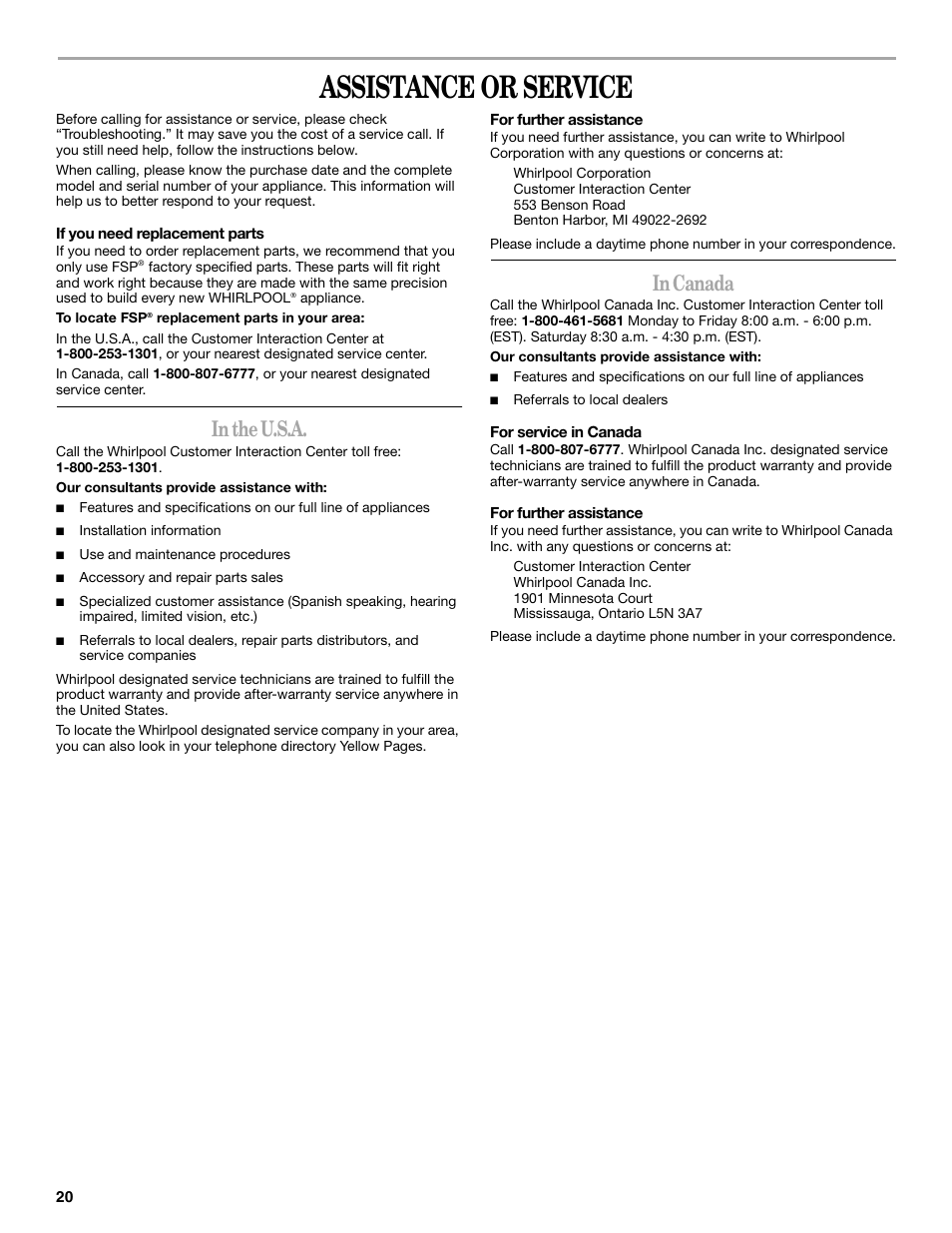 Assistance or service | Whirlpool GVW9959KL0 User Manual | Page 20 / 64