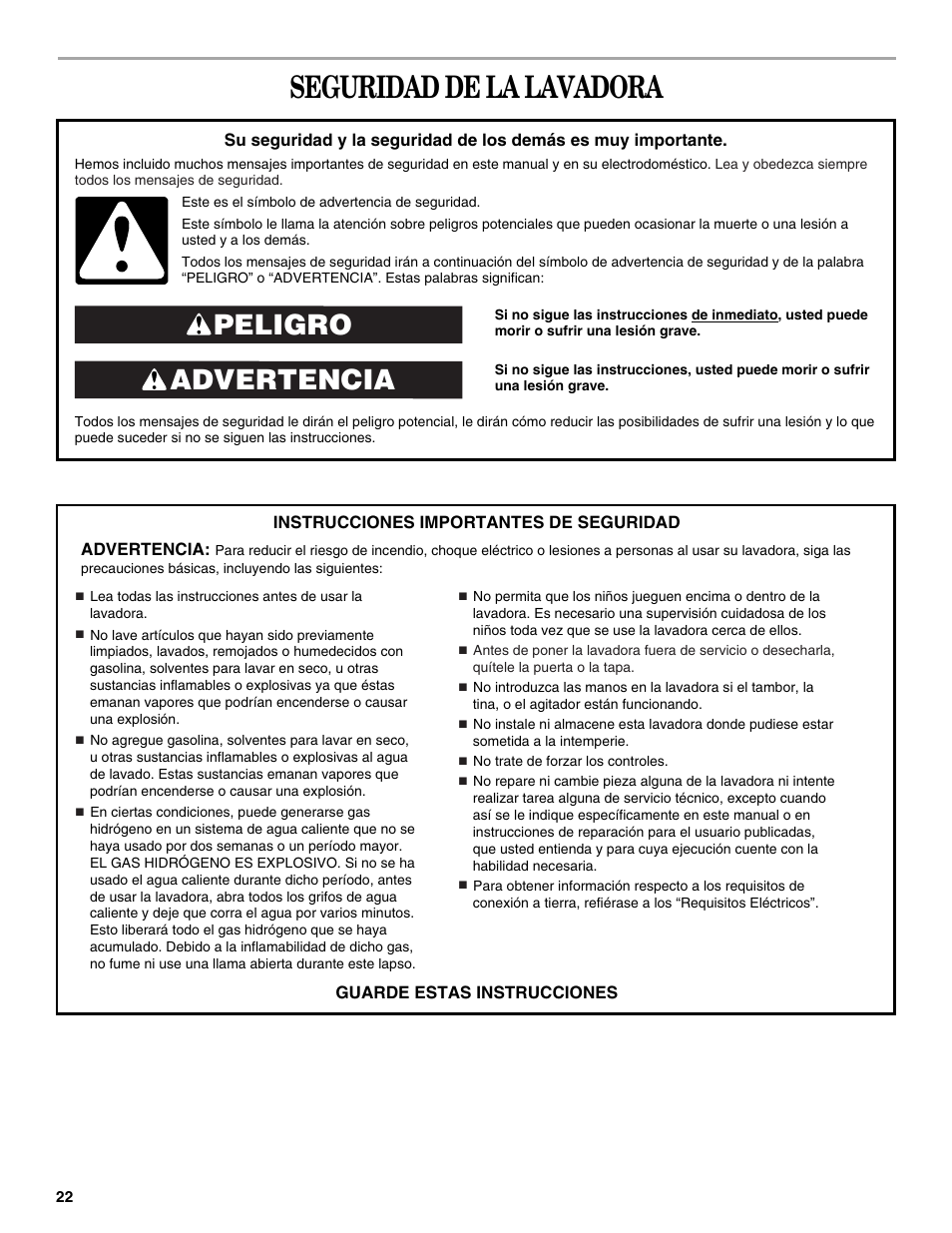 Seguridad de la lavadora, Advertencia peligro | Whirlpool GVW9959KL0 User Manual | Page 22 / 64