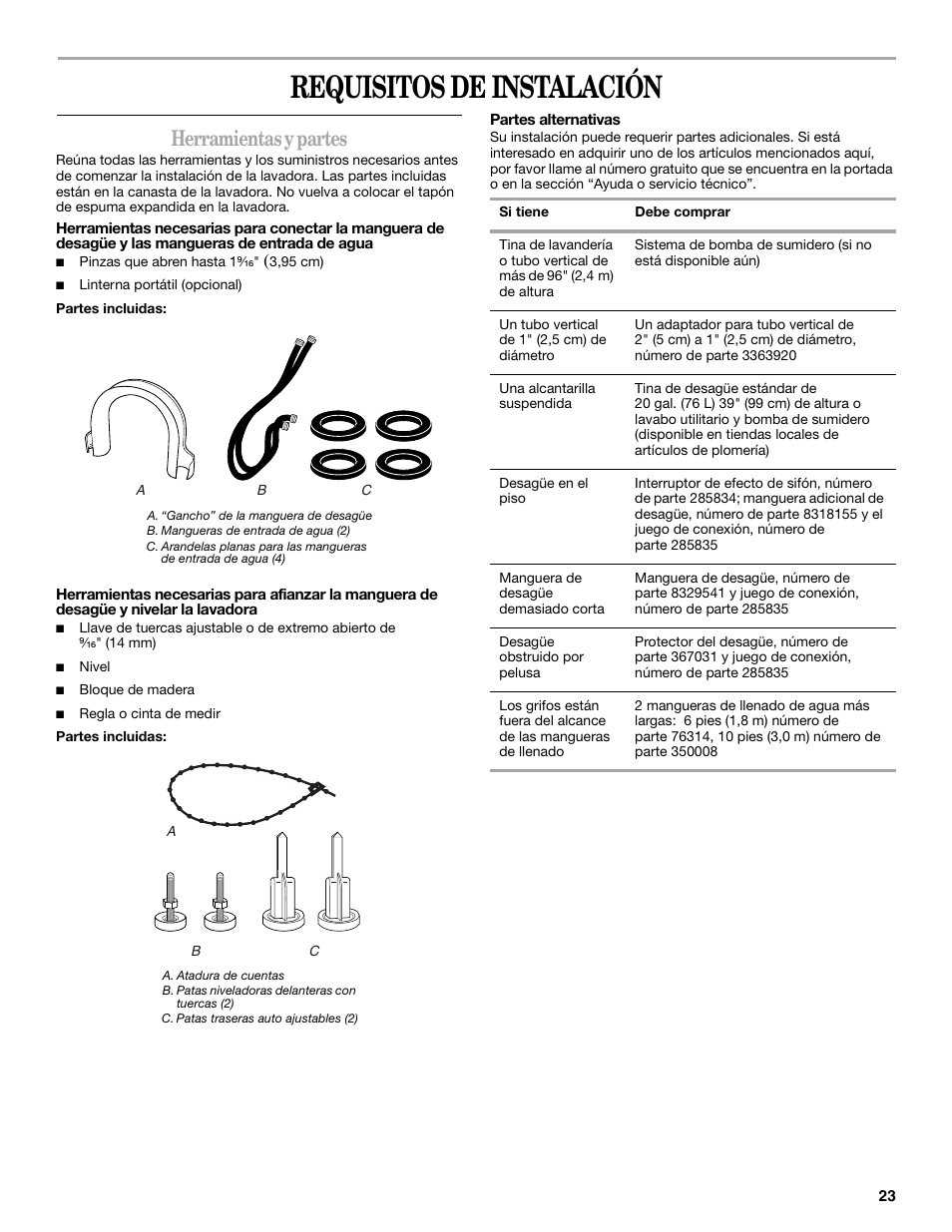 Requisitos de instalación, Herramientas y partes | Whirlpool GVW9959KL0 User Manual | Page 23 / 64