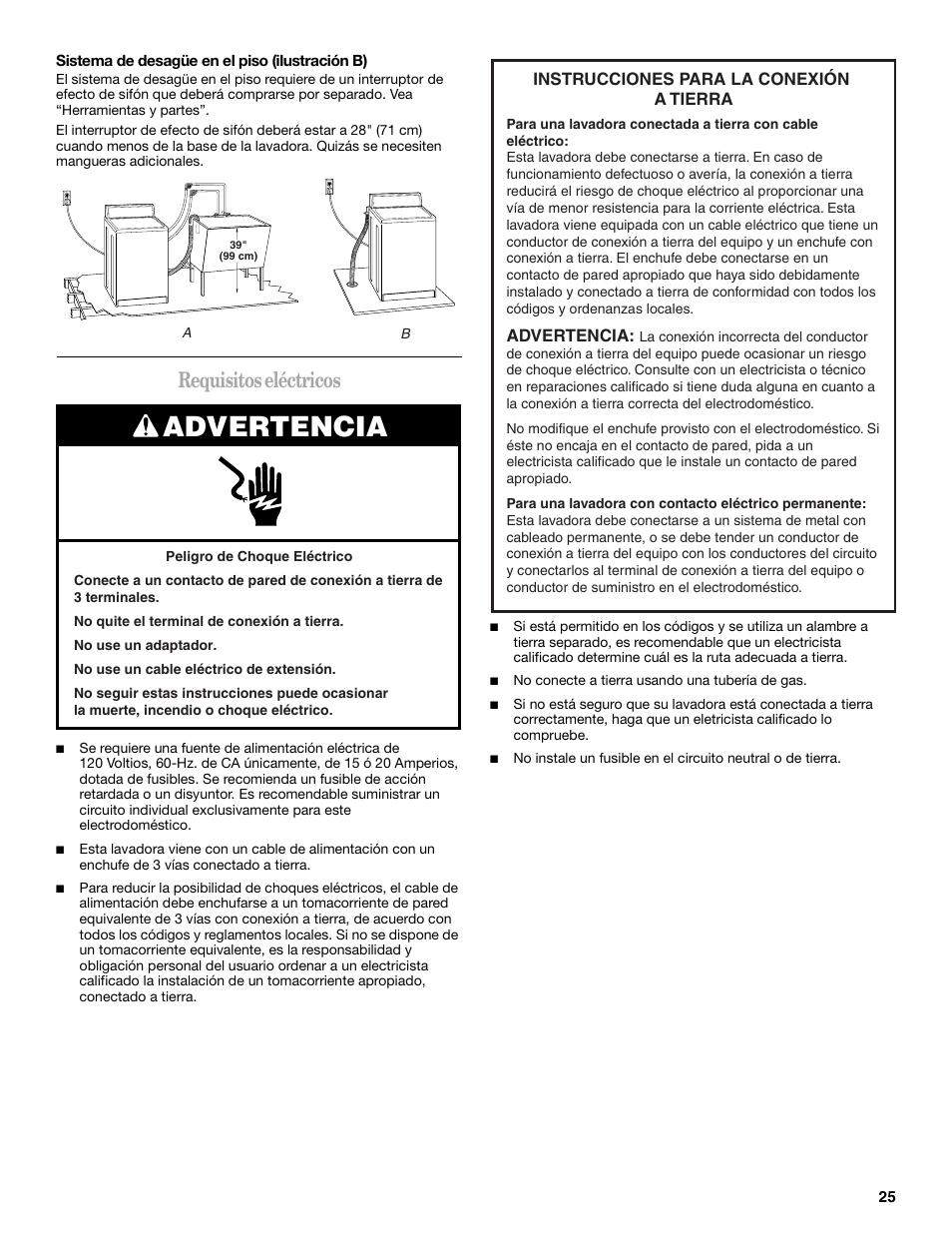 Advertencia, Requisitos eléctricos | Whirlpool GVW9959KL0 User Manual | Page 25 / 64