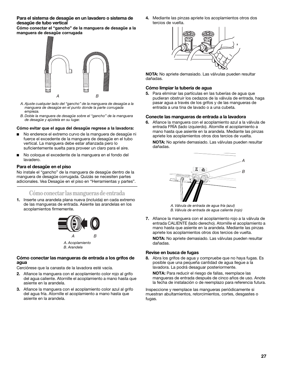 Cómo conectar las mangueras de entrada | Whirlpool GVW9959KL0 User Manual | Page 27 / 64