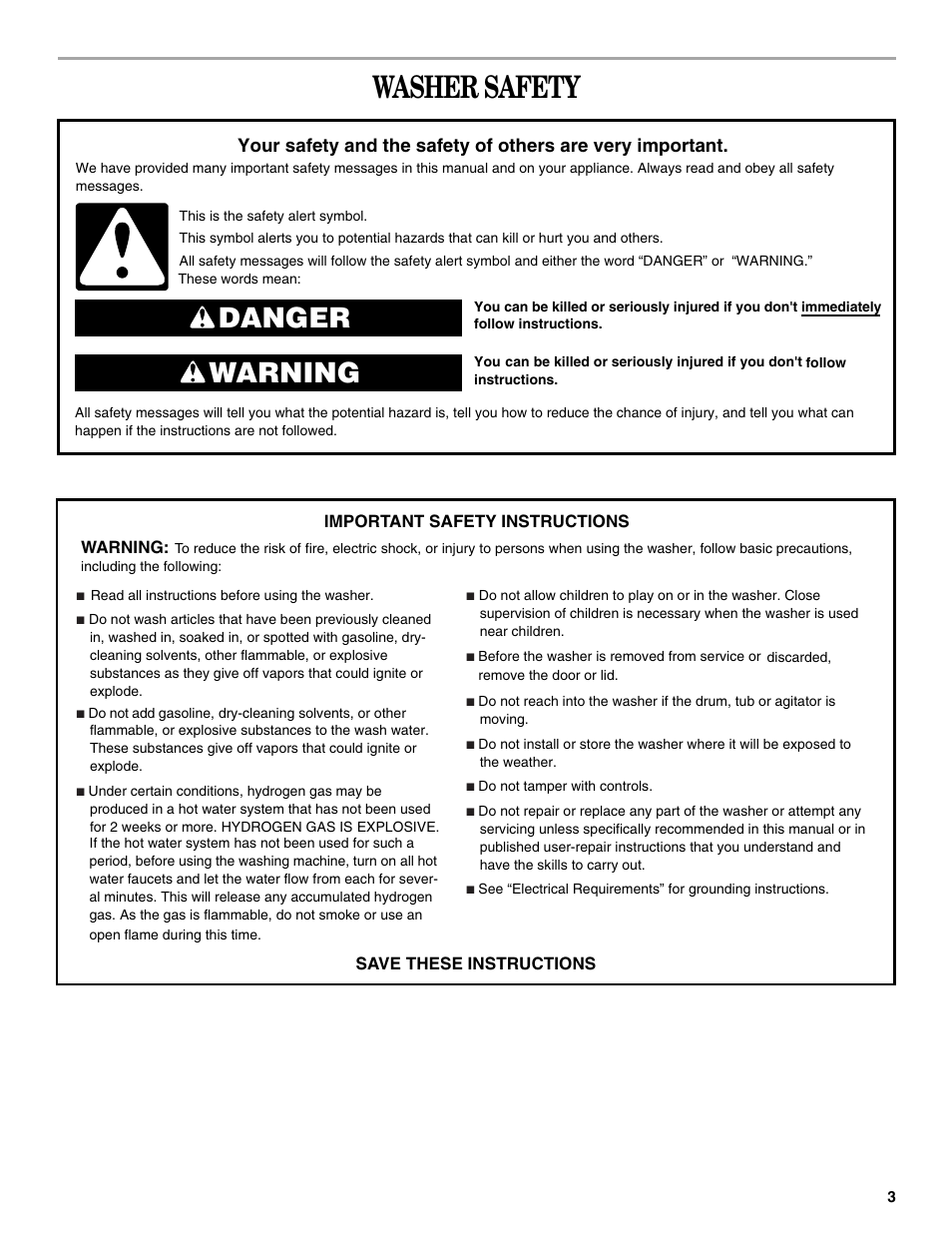 Washer safety, Danger warning | Whirlpool GVW9959KL0 User Manual | Page 3 / 64