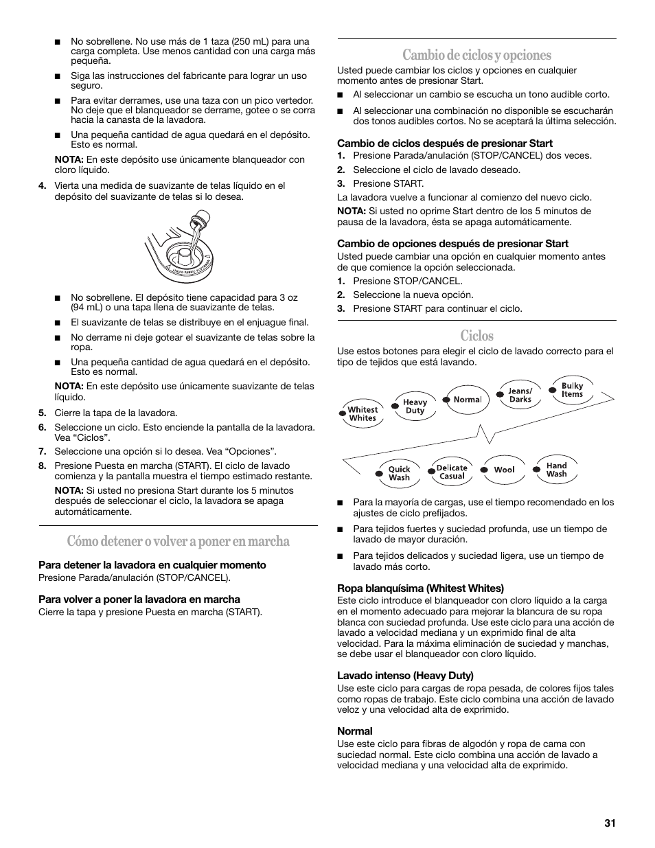 Cómo detener o volver a poner en marcha, Cambio de ciclos y opciones, Ciclos | Whirlpool GVW9959KL0 User Manual | Page 31 / 64
