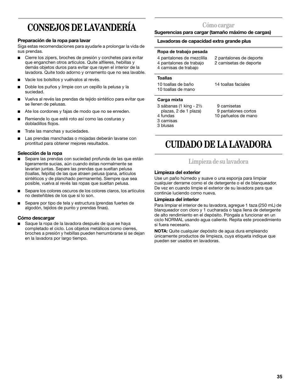 Consejos de lavandería, Cuidado de la lavadora, Cómo cargar | Limpieza de su lavadora | Whirlpool GVW9959KL0 User Manual | Page 35 / 64