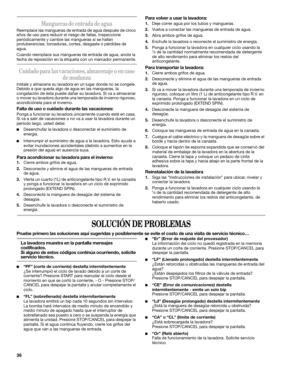 Solución de problemas, Mangueras de entrada de agua | Whirlpool GVW9959KL0 User Manual | Page 36 / 64