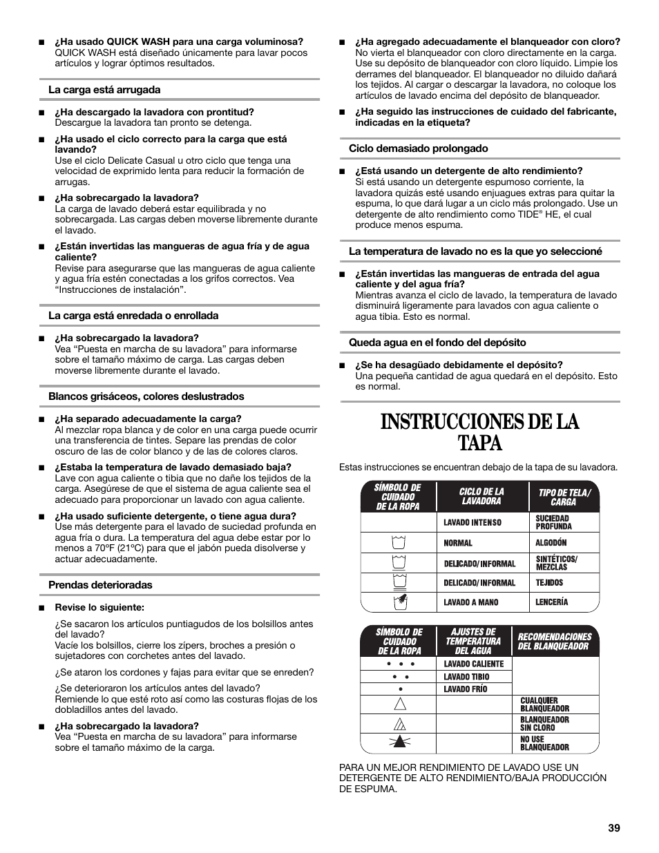 Instrucciones de la tapa | Whirlpool GVW9959KL0 User Manual | Page 39 / 64