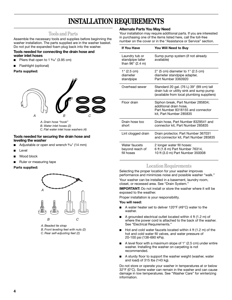 Installation requirements, Tools and parts, Location requirements | Whirlpool GVW9959KL0 User Manual | Page 4 / 64