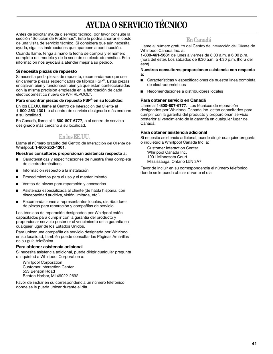 Ayuda o servicio técnico, En los ee.uu, En canadá | Whirlpool GVW9959KL0 User Manual | Page 41 / 64