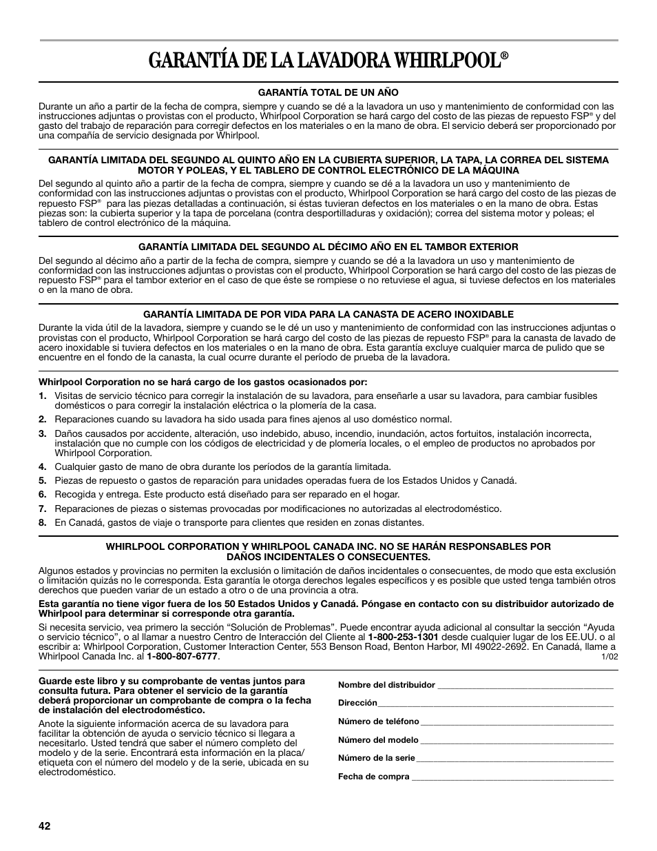Garantía de la lavadora whirlpool | Whirlpool GVW9959KL0 User Manual | Page 42 / 64