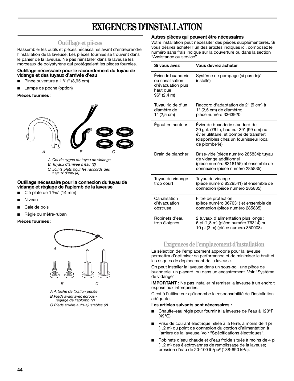 Exigences d’installation, Outillage et pièces, Exigences de l’emplacement d’installation | Whirlpool GVW9959KL0 User Manual | Page 44 / 64