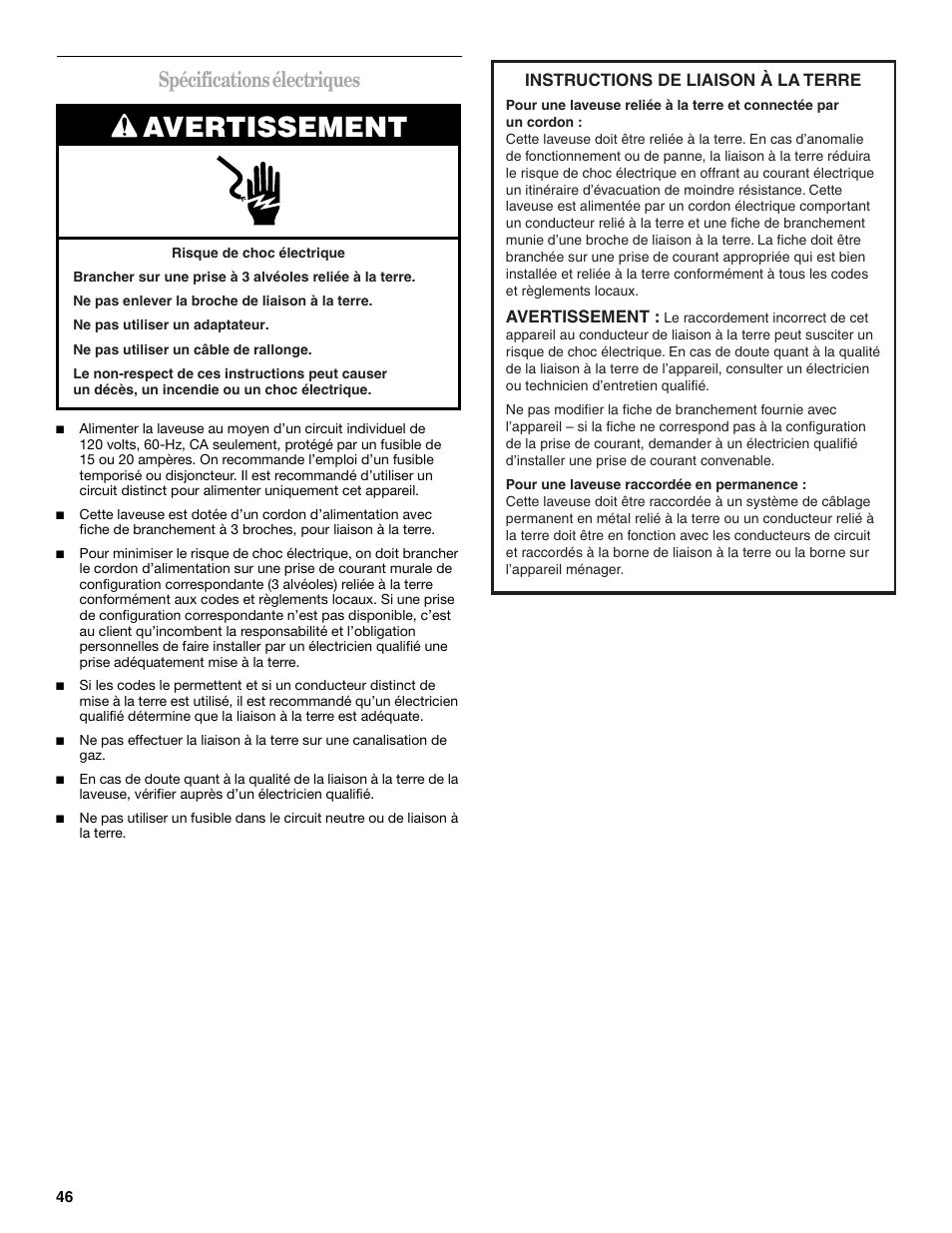 Avertissement, Spécifications électriques | Whirlpool GVW9959KL0 User Manual | Page 46 / 64
