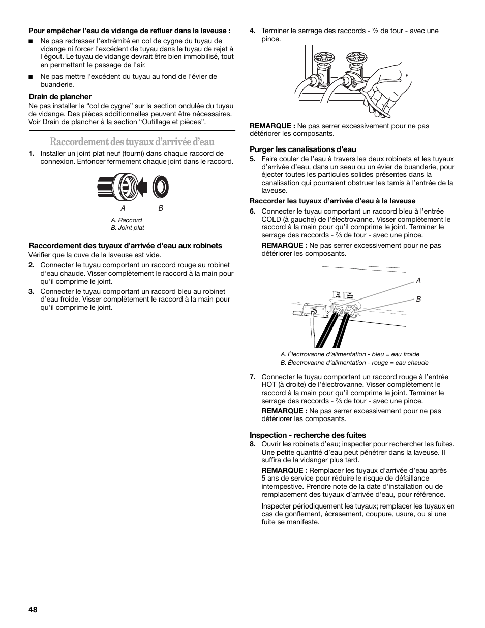 Raccordement des tuyaux d’arrivée d’eau | Whirlpool GVW9959KL0 User Manual | Page 48 / 64