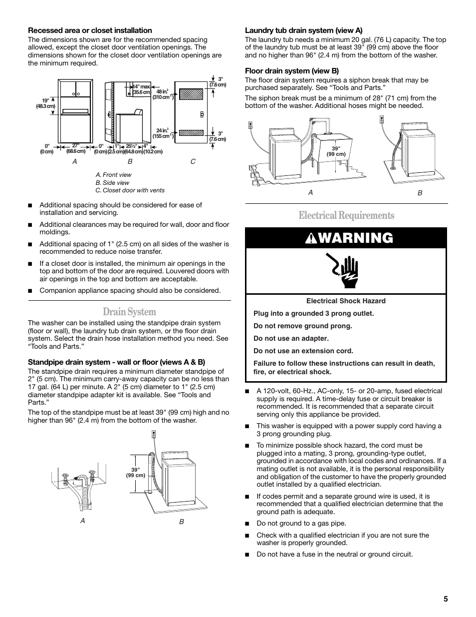 Warning, Drain system, Electrical requirements | Whirlpool GVW9959KL0 User Manual | Page 5 / 64