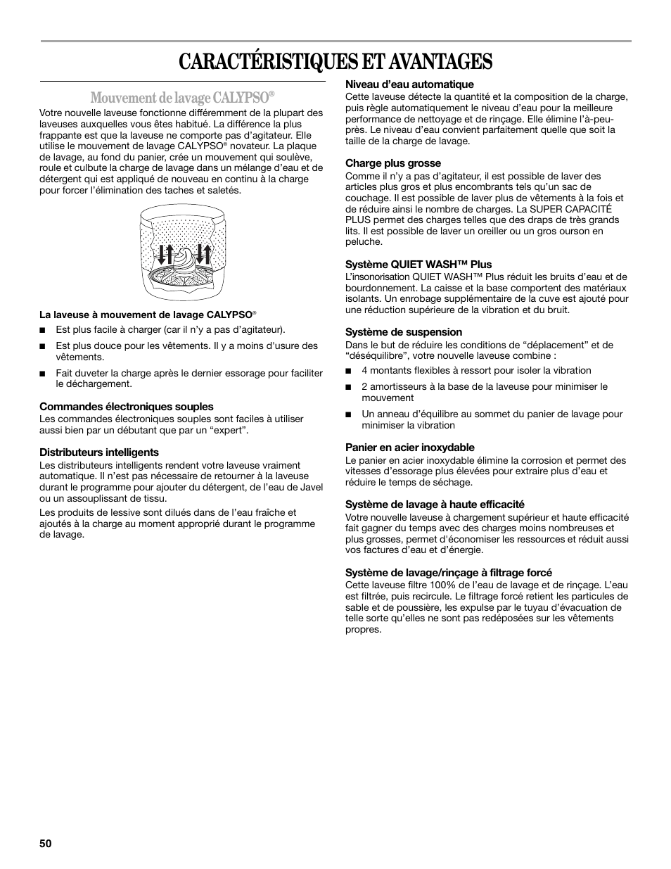 Caractéristiques et avantages, Mouvement de lavage calypso | Whirlpool GVW9959KL0 User Manual | Page 50 / 64