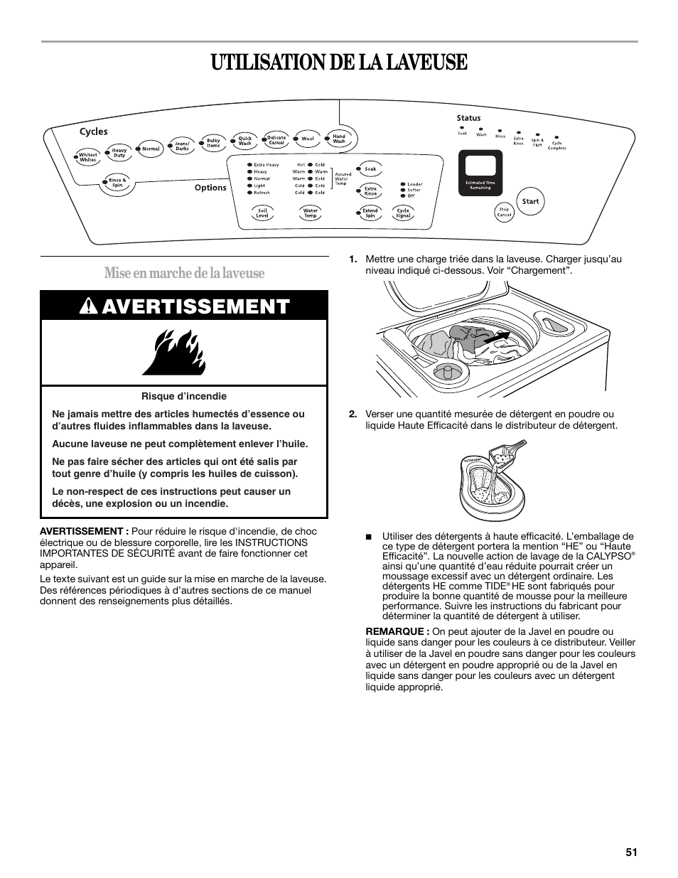 Utilisation de la laveuse, Avertissement, Mise en marche de la laveuse | Whirlpool GVW9959KL0 User Manual | Page 51 / 64