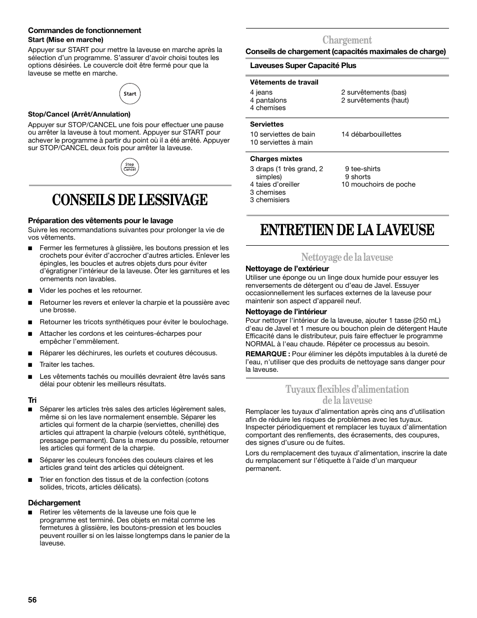 Conseils de lessivage, Entretien de la laveuse, Chargement | Nettoyage de la laveuse, Tuyaux flexibles d’alimentation de la laveuse | Whirlpool GVW9959KL0 User Manual | Page 56 / 64
