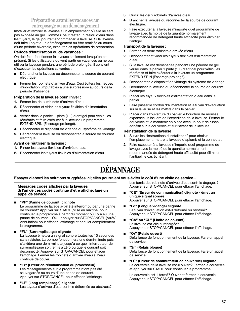 Dépannage | Whirlpool GVW9959KL0 User Manual | Page 57 / 64