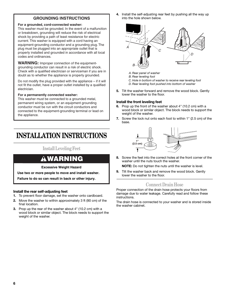 Installation instructions, Warning, Install leveling feet | Connect drain hose | Whirlpool GVW9959KL0 User Manual | Page 6 / 64