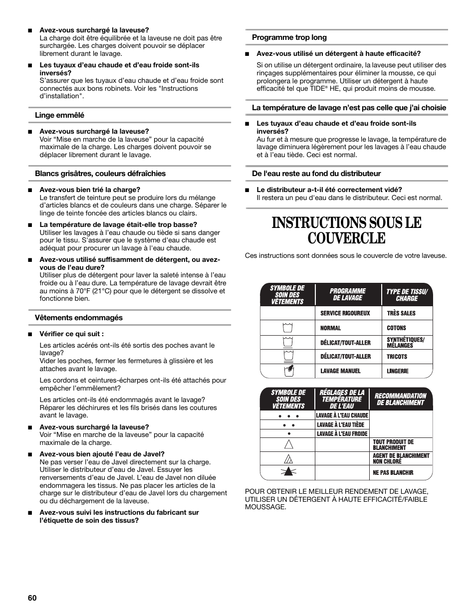 Instructions sous le couvercle | Whirlpool GVW9959KL0 User Manual | Page 60 / 64