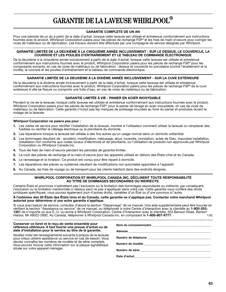 Garantie de la laveuse whirlpool | Whirlpool GVW9959KL0 User Manual | Page 63 / 64