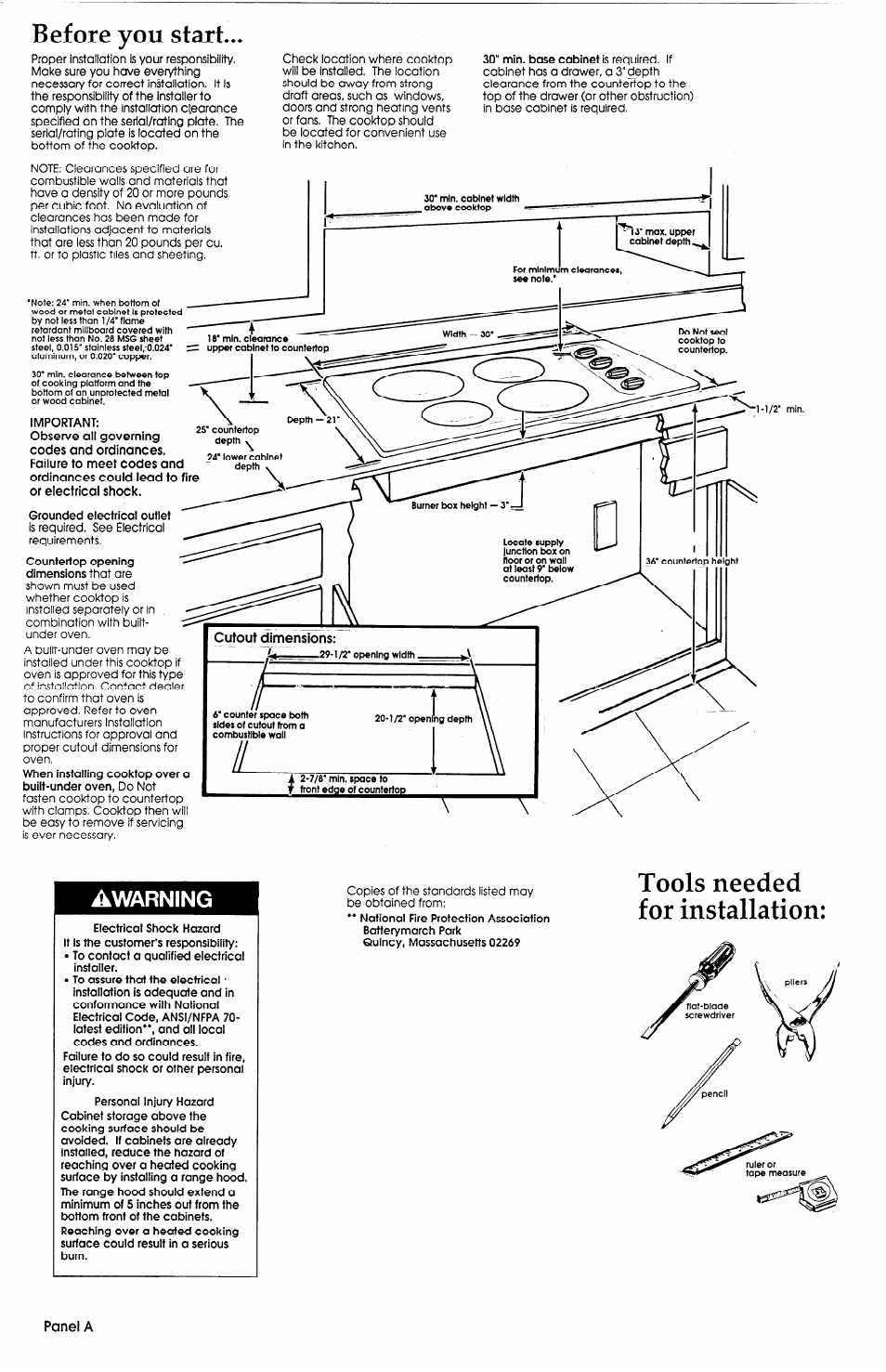 Before you start, Tools needed for installation, Awarning | Whirlpool Cooktop User Manual | Page 2 / 5