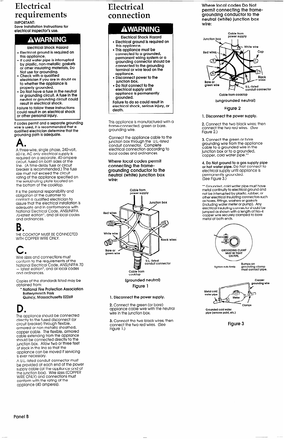 Electrical requirements, Electrical connection, Warning | Awarning | Whirlpool Cooktop User Manual | Page 3 / 5