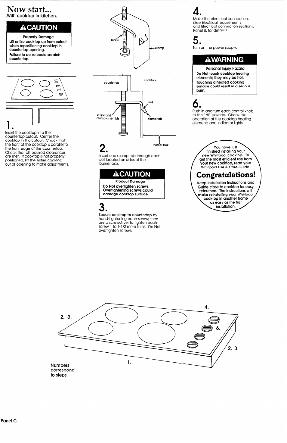 Now start, Acaution, Awarning | Whirlpool Cooktop User Manual | Page 4 / 5