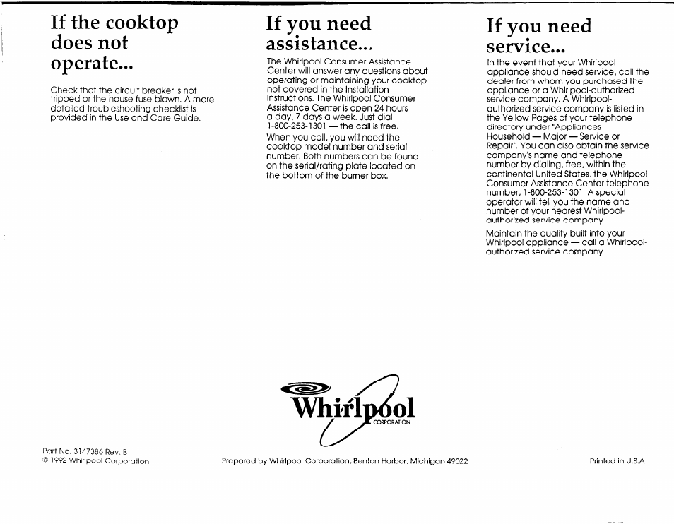 If the cooktop does not operate, If you need assistance, If you need service | Avhirlp<^l | Whirlpool Cooktop User Manual | Page 5 / 5