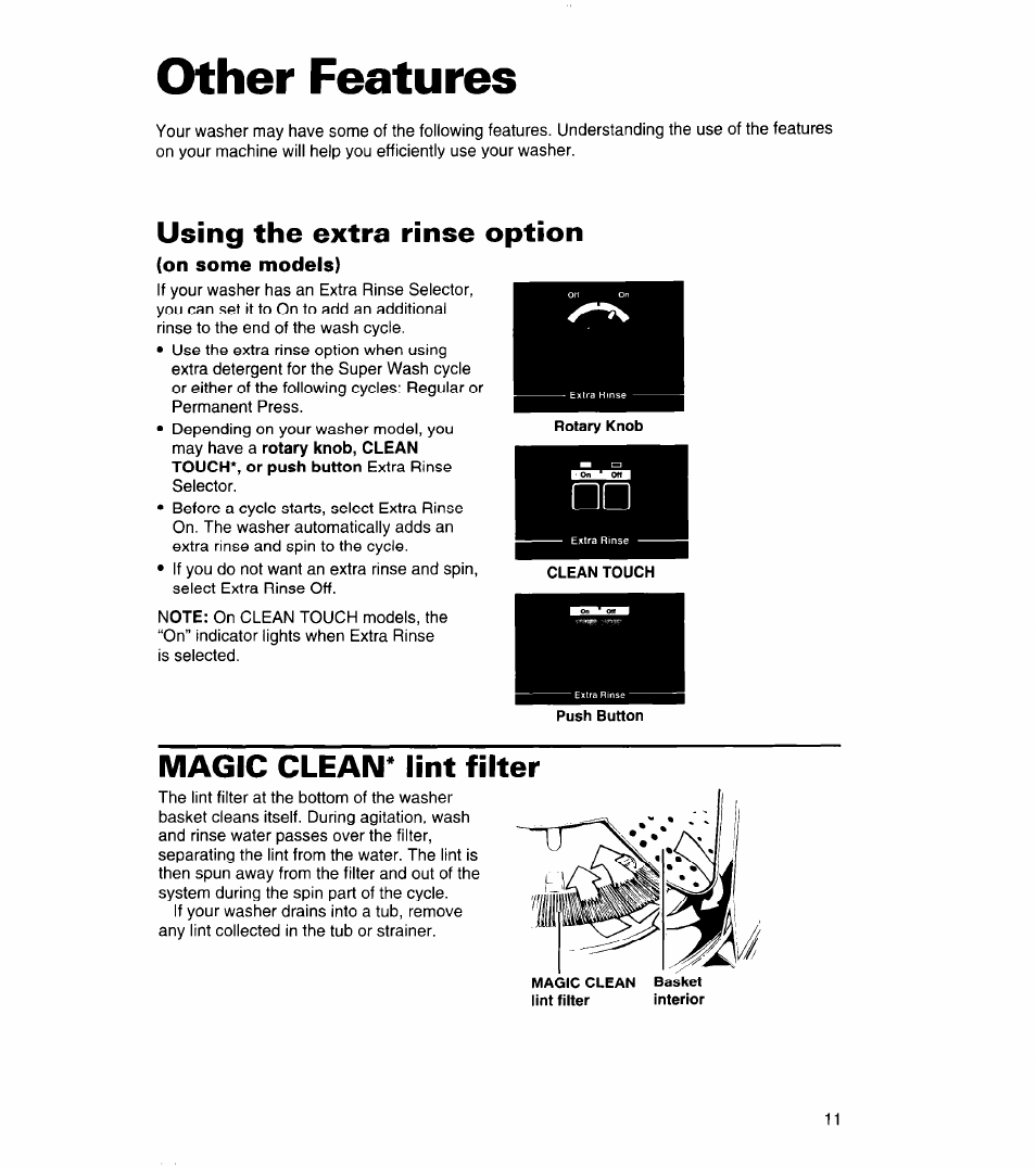 Other features, On some models), Using the extra rinse option | Magic clean* lint filter | Whirlpool 8LSC6244BG0 User Manual | Page 11 / 49