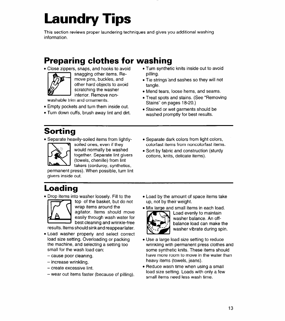 Laundry tips, Preparing clothes for washing, Sorting | Loading | Whirlpool 8LSC6244BG0 User Manual | Page 13 / 49