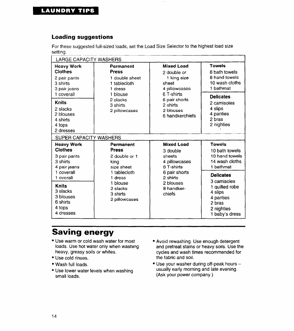 Loading suggestions, Saving energy | Whirlpool 8LSC6244BG0 User Manual | Page 14 / 49