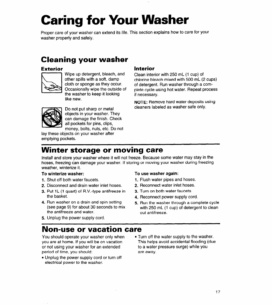 Caring for your washer, Exterior, Interior | Cleaning your washer, Winter storage or moving care, Non-use or vacation care | Whirlpool 8LSC6244BG0 User Manual | Page 17 / 49