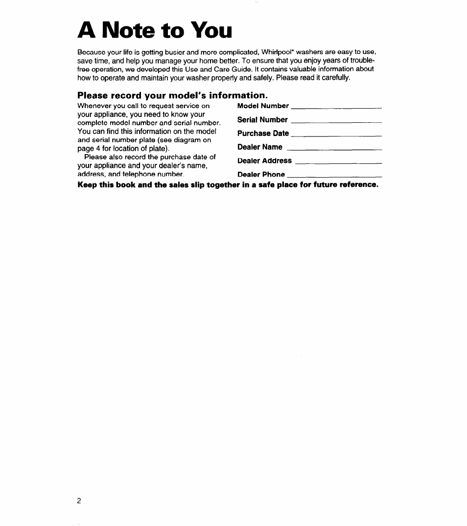 A note to you, Please record your model's information | Whirlpool 8LSC6244BG0 User Manual | Page 2 / 49