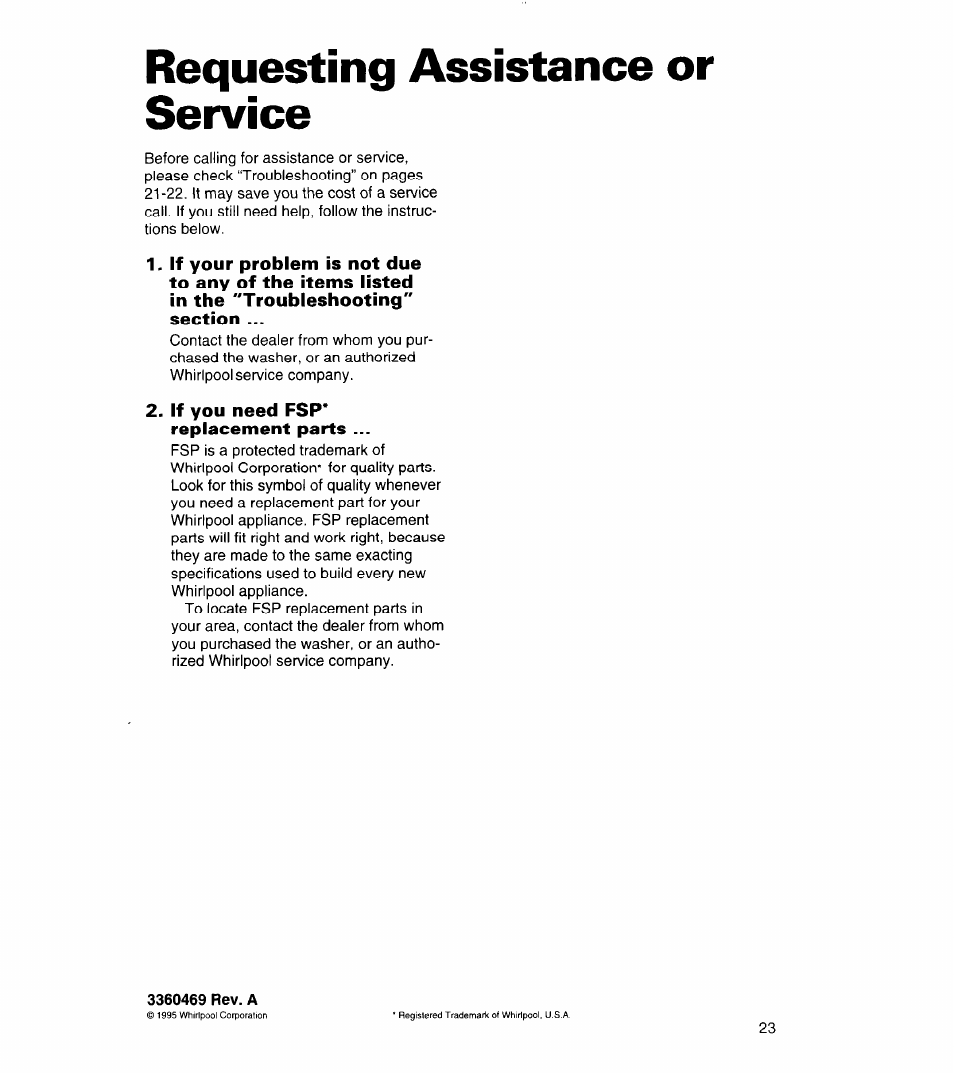 Requesting assistance or service, Requesting, Assistance or service | Whirlpool 8LSC6244BG0 User Manual | Page 23 / 49