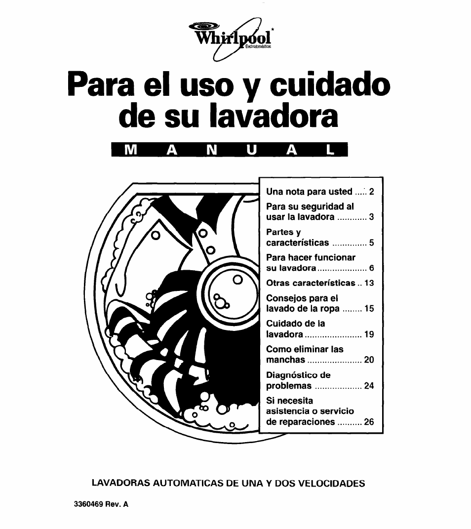 Para el uso y cuidado de su lavadora, Whmdool | Whirlpool 8LSC6244BG0 User Manual | Page 24 / 49