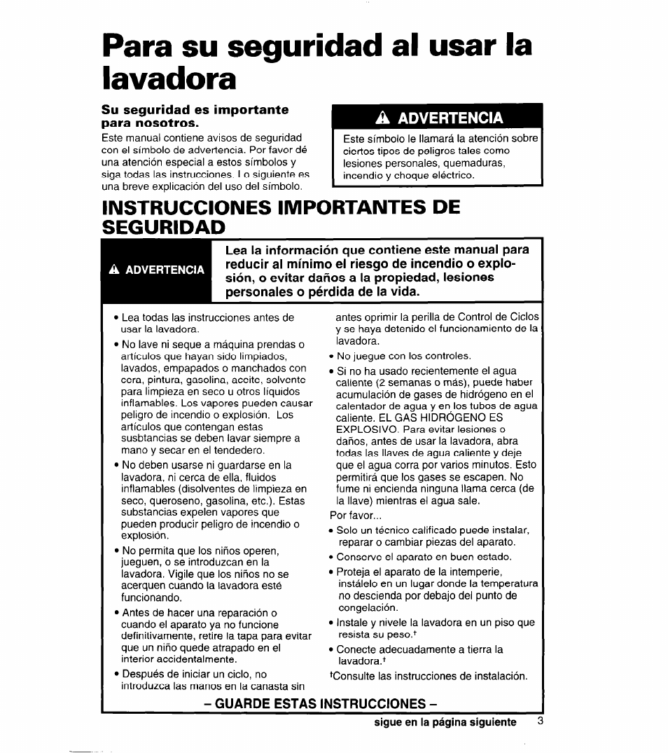 Para su seguridad al usar la lavadora, Su seguridad es importante para nosotros, Instrucciones importantes de seguridad | Whirlpool 8LSC6244BG0 User Manual | Page 26 / 49