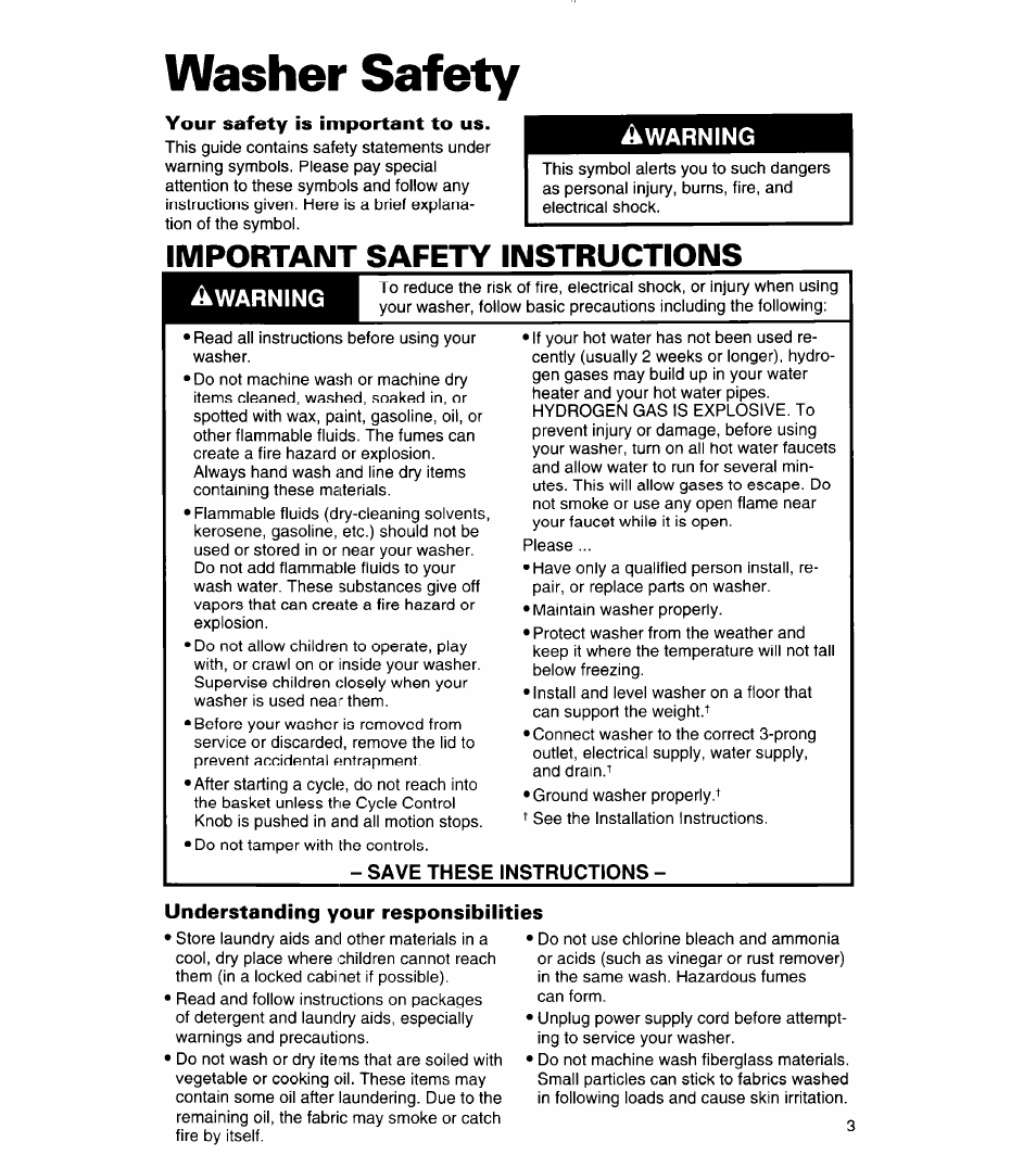 Washer safety, Your safety is important to us, Save these instructions | Understanding your responsibilities, Important safety instructions | Whirlpool 8LSC6244BG0 User Manual | Page 3 / 49