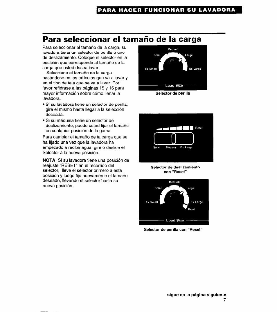 Para seleccionar el tamaño de la carga | Whirlpool 8LSC6244BG0 User Manual | Page 30 / 49