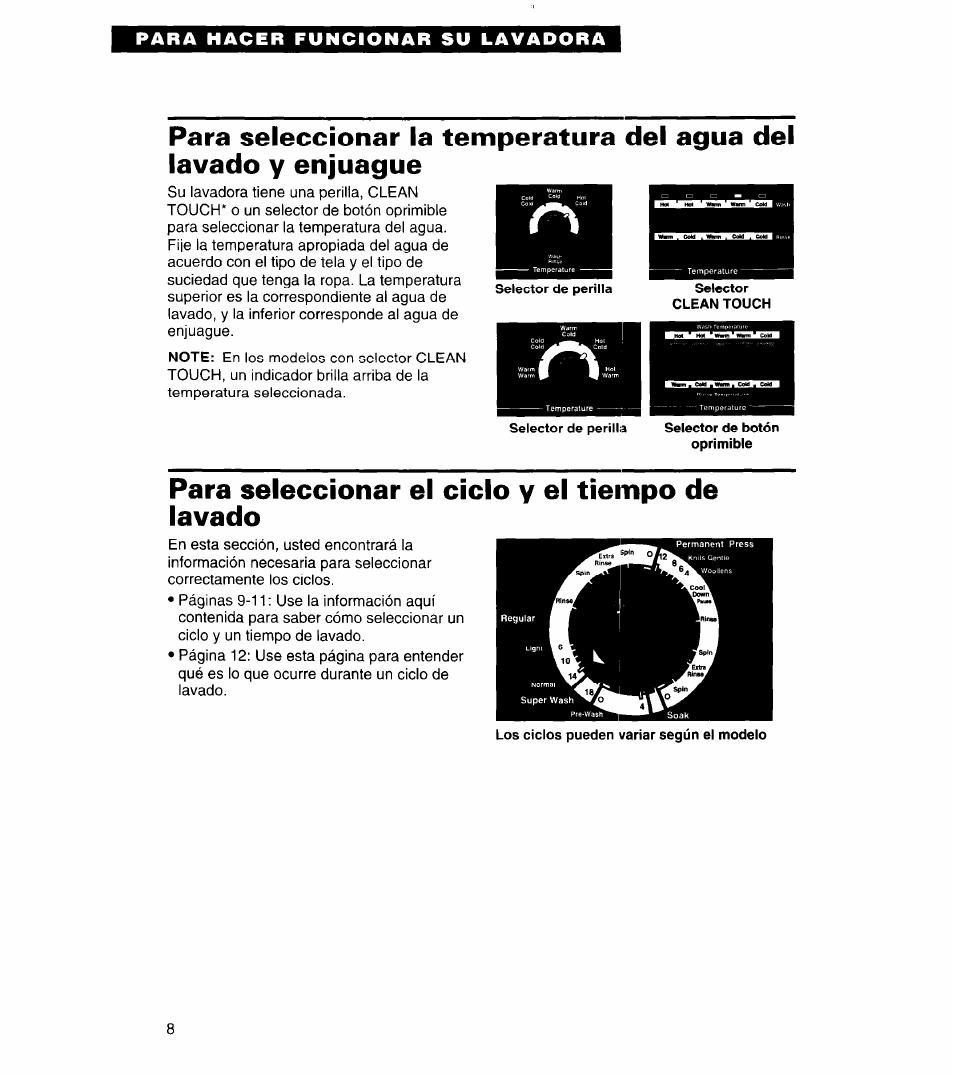 Para hacer funcionar su lavadora, Para hacer funcionar, Su lavadora | Para seleccionar el ciclo y el tiempo de lavado | Whirlpool 8LSC6244BG0 User Manual | Page 31 / 49