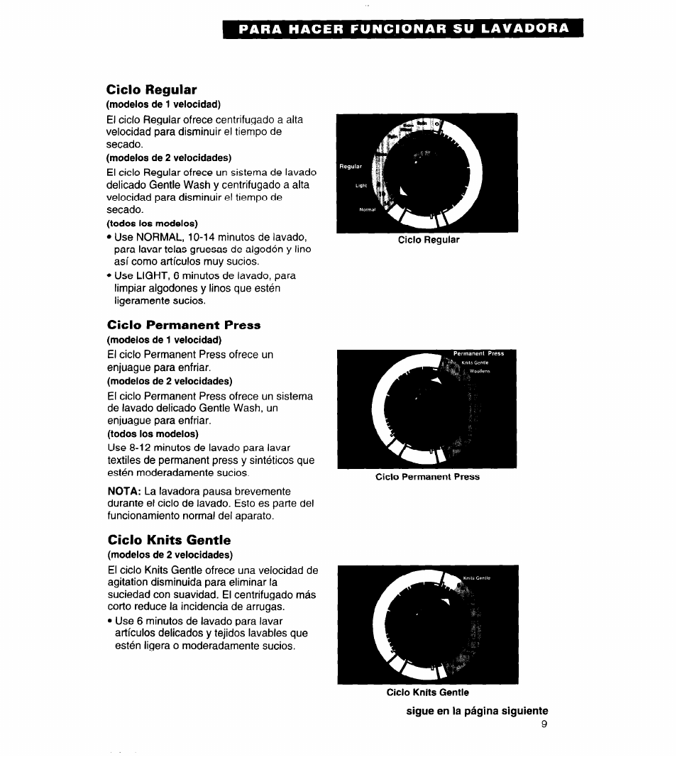 Ciclo regular, Ciclo permanent press, Ciclo knits gentle | Whirlpool 8LSC6244BG0 User Manual | Page 32 / 49