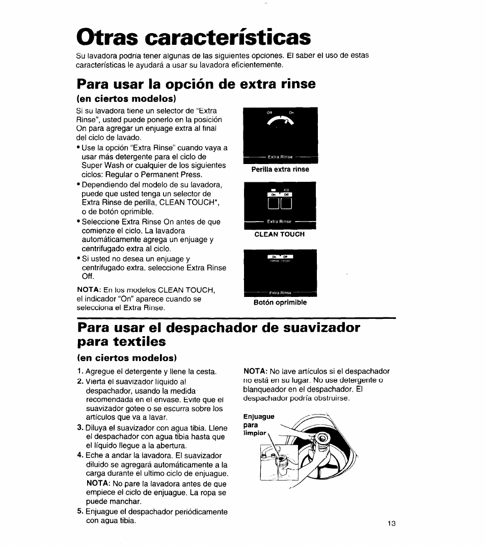 Otras características, En ciertos modelos), Características | Para usar la opción de extra rinse | Whirlpool 8LSC6244BG0 User Manual | Page 36 / 49